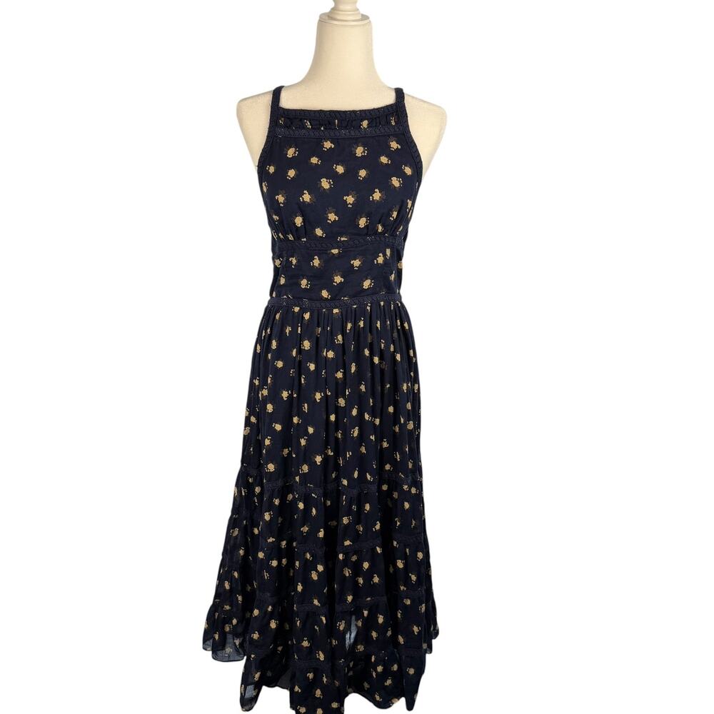 FREE PEOPLE Day Dreamer Midi Dress Navy Blue Floral Cotton Tiered Sleeveless M